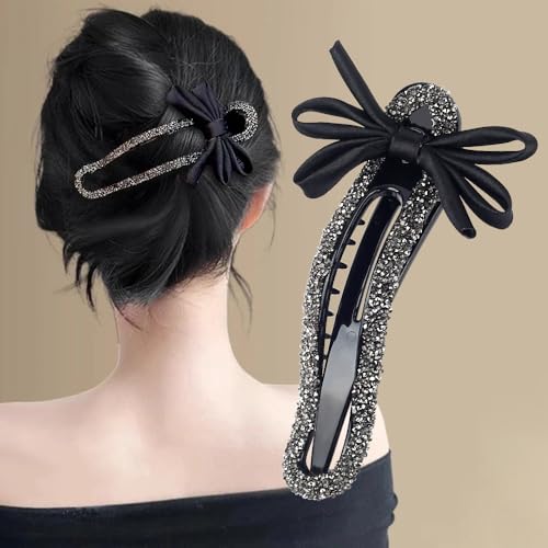 Pinza negra con moño y cristal decorativa 12 cm miniatura 1