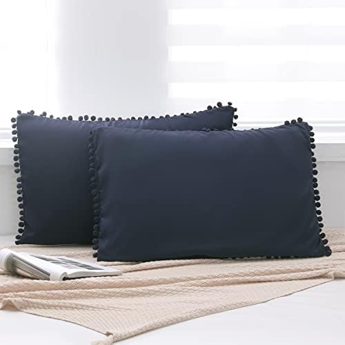 8HMOON Soft Pillow Shams Set of 2 Boho Tassel Ball Trimmed Microfiber Pillowcases Cute Breathable Queen Bed Pillowshams Envelope Design, 20x30 Inch