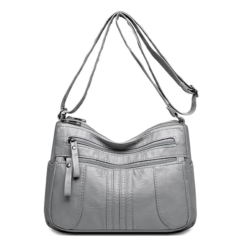Rimosnn Bolsa tiracolo feminina leve bolsa de ombro macia de couro lavado com alça ajustável, Cinza, One Size