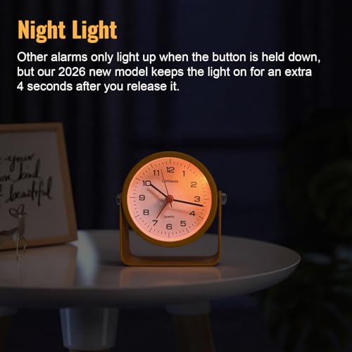 Image of Lamisola 3.5 Inch Bathroom Clock, Small Alarm Clock for Bedroom, Orange | Battery Travel Desk Table Analog Clock for Kids Seniors Teens, Retro Cute Metal Home Decor Shelf Clock, Night Light Snooze