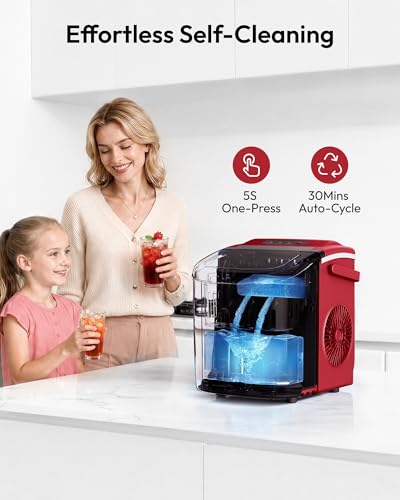 Image of EUHOMY Countertop Ice Maker Machine with Handle, 26lbs Per Day, 9 Ice Cubes Ready in 6 Mins, Auto-Cleaning Portable Ice Maker with Basket and Scoop, for Home /Kitchen /Camping /RV (Red)