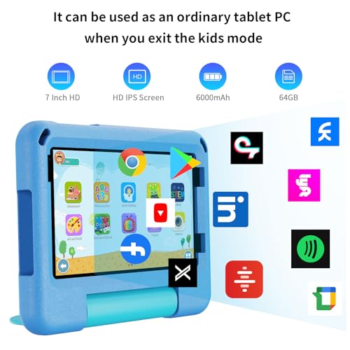 Image of PRITOM TAB7 PRO Kids Tablets 7 inch, 64 GB, 3 GB RAM Upgraded, Toddler Tablet Android 14 with WiFi, Dual Camera, Education, Games, Kids Software Pre-Installed, Parental Control, Blue