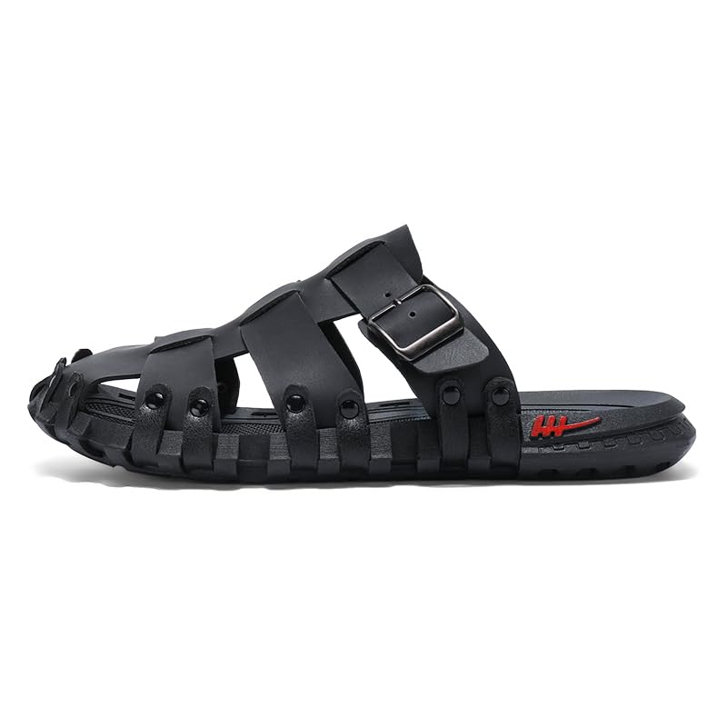 Image of Mens Leather Beach Slides Sandals For Men Closed Toe Hiking Outdoor Athletic Casual Walking Sandals Water Shoes Summer Fisherman
