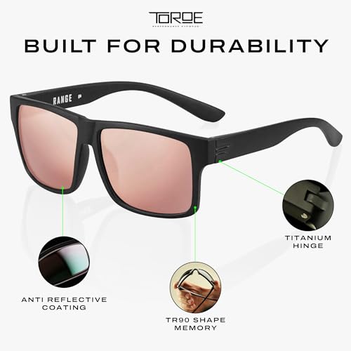 Image of TOROE TR90 Square Frame Grade A Polarized Black Emblem Sunglasses with Anti Reflective Water Repellent Polycarbonate Lenses (Matte Black Frame, Rose Pink (CAT3))
