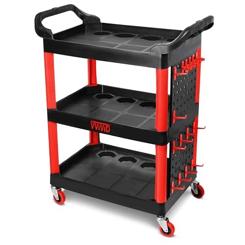 VViViD Detailing Tool Cart Heavy Duty with 3 Trays Surface Safe Plastic with Molded Bottle and Tool Holders