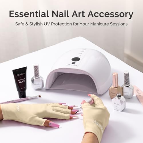 Image of MelodySusie Premium UV Protection Gloves for Manicures, Cool Feeling Fabric,Professional UPF50+, UV Nail Gloves for Gel Nail Lamp, Anti UV Light, Skin Care Fingerless Design,Beige White