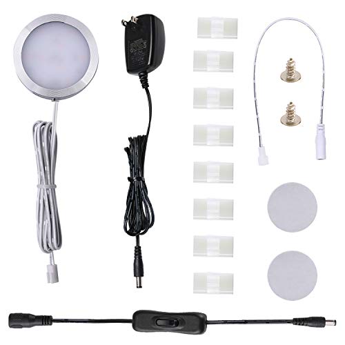 AIBOO 12V LED Under Cabinet Puck Lights Plug in, with Manual Switch, Single Puck LED Light for Closet,Counter,Showcase,12Vdc Low Voltage Wall Plug (Warm White)