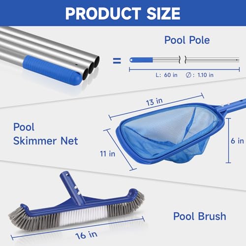 Pool Cleaning Kit, 18\'\' Pool Brush Head & Pool Skimmer Net with 60\" Pole, Pool Net Skimmer & Pool Brush with Pole, Pool Net & Pool Brushes for Cleaning Pool Walls with Pole