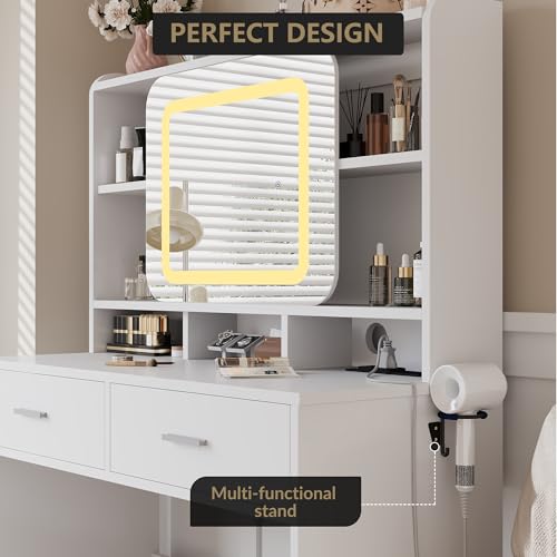 Image of Vanity Desk with Sliding Mirror, Modern Makeup Vanity with Charging Station, 2 Drawer and Soft Cushioned Stool, 3 Lighting Modes Adjustable Dressing Table for Bedroom, Makeup Studio, White