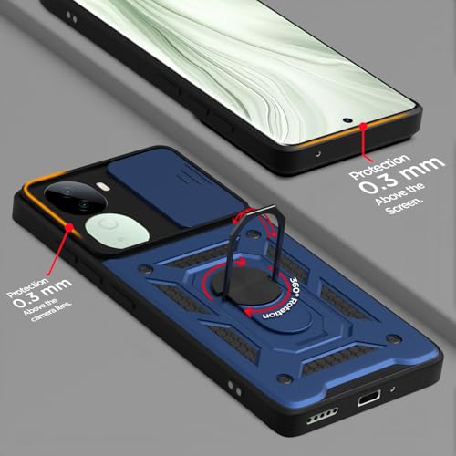 Image of Pikkme Back Cover for Vivo V40e 5G / iQOO Z9s 5G | 360 Protection Case | Sliding Camera Shield Cover & Ring Holder Stand D10 Tough Armor Bumper Case (Blue)