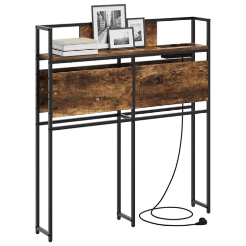 vidaXL Cabecero Estante en Roble Ahumado de 90cm, Madera y Acero, Diseño Moderno, Carga Integrada con 2 Puertos USB, Amplio Almacenamiento, Pies Antideslizantes, Solución para Cama, Estantes