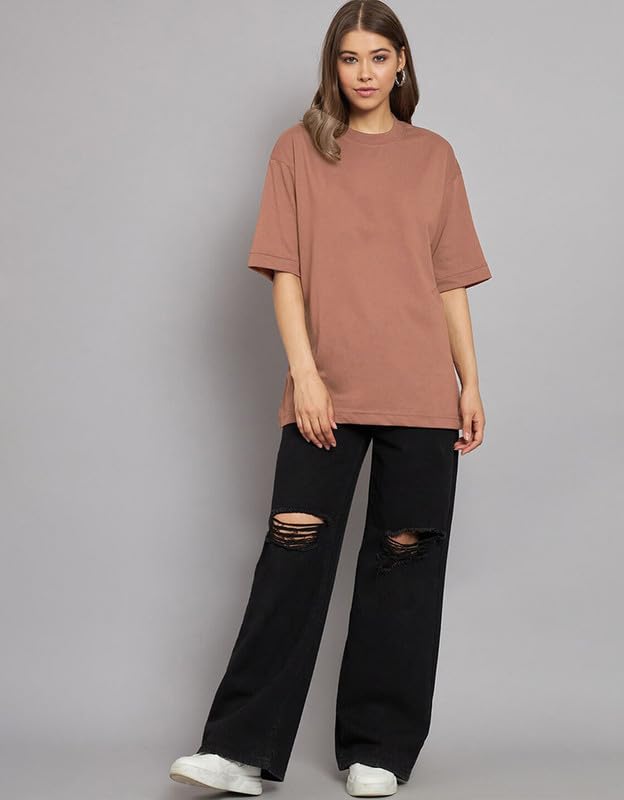 Image of JUNEBERRY Pure Cotton Oversized Fit Drop Shoulder Stylish & Front & Back Graphic Printed Round Neck T-Shirt Combo for Women (Pack of 2)