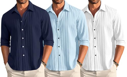 Image of FINIVO FASHION Combo of Men's Casual Cotton Plain Button Down Shirt Long Sleeve Textured Summer Beach Shirt for Men Pack of 3