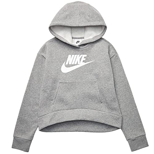 Nike Girl's Sportswear Club Fleece Hoodie (Little Kids/Big Kids) Carbon Heather/White M (10-12 Big Kid)