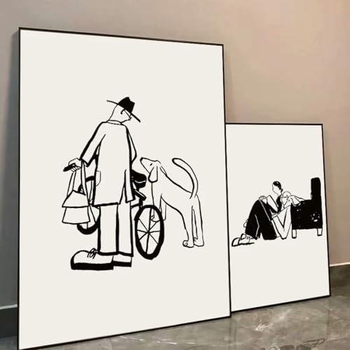 Affiche d'art noir et blanc avec chiot poster sur toile encadré 21x30 cm
