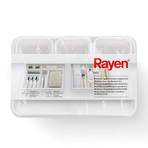 Rayen | Plateau pour l’Organisation des tiroirs | Pack de 8 unités | Base antidérapante | Adaptable à n’Importe Quel tiroir | Combinaisons Multiples | Blanc