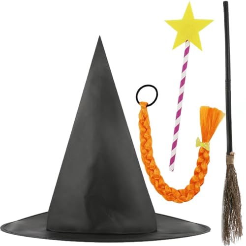 Adults Kind Witch Costume Set with Hat Broomstick Wand and Plait Storybook Inspired Magic Costume Accessories for Teachers Book Week World Book Day Halloween and Dress Up Parties