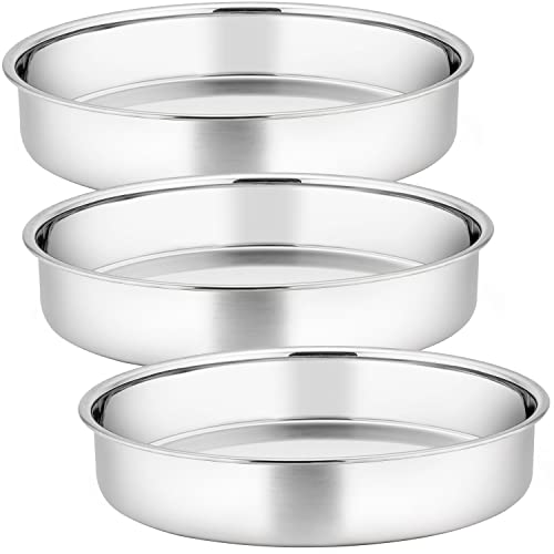 Joyfair 8 Inch Cake Tin, Stainless Steel Layer Cake Pan Set of 3, Round Baking Mould for Roasting Bread Pie Brownie, Mirror Finish & Dishwasher Safe, One-Piece Design & 5cm Deep(20cm, Silver)