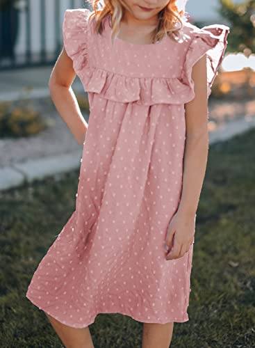 Evaless Pink Casual Dresses For Girls Flutter Sleeve Midi Summer A Line Loose Swing Swiss Dot Dress For Kids 10-11 Years Birthday Gift #TOP2