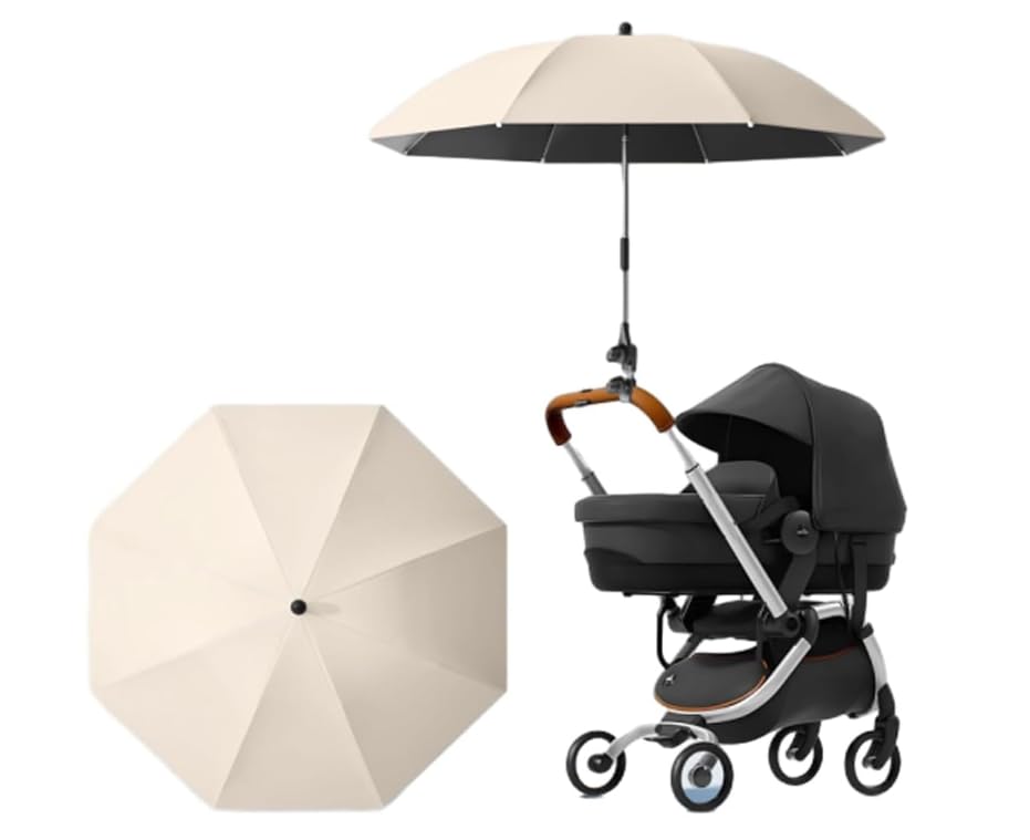 Universal UV Parasol Sun Canopy for Pushchairs and Buggy New Clip on Stroller Umbrella Baby Buggy Sun Parasol with Adjustable Fixing Clamp (Beige)