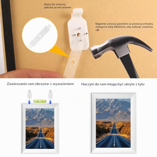 Zestaw 45 szt. haczyków bez wiercenia do obrazów, zdjęć, płócien i luster. Niewidoczne mocowanie na gwoździe, nie niszczy ścian. Dołączono 5 haczyków poręczowych, nośność 1 kg.