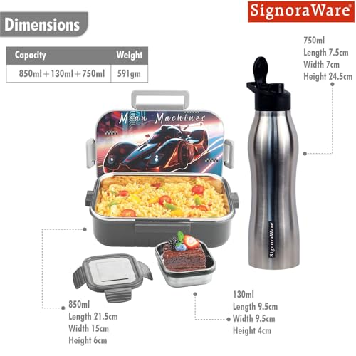 Image of SIGNORA WARE Delight C Chipmunk Stainless Steel Printed Lunch Box Set for Kids | Airtight Clip Lock Lid | Compact & Sleek Size | Great for Picnics & Outdoors (850ml + 160ml + 750ml Bottle | Grey)