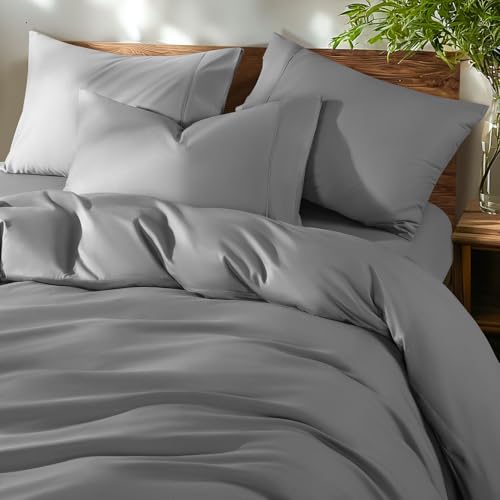 Shilucheng 100% Cotton King Size Duvet Covers - 600 Thread Count, Luxury Sateen Weave Egyptian Cotton Comforter Cover with Zipper Closure & Corner Ties,Hotel Bedding Duvet Covers 3 Piece (Grey)