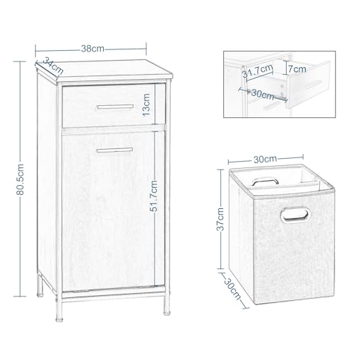 EUGAD Badezimmerschrank mit faltbarem Wäschesack, Wäscheschrank Wäschesammler Wäschekorb mit Schublade, Badschrank Badmöbel mit Metallrahmen, helle Eiche + Schwarz, 38x80x34 cm