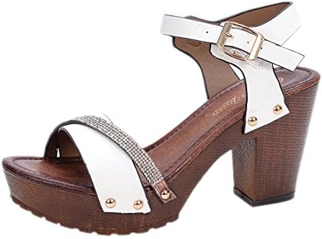 Nature Breeze Women's Vint-02 Buckle Comfort Medium Chunky Wooden Heel Sandal,White,7