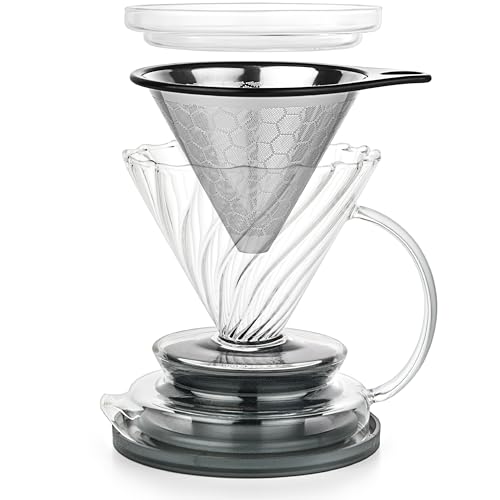 dokaworld Pour Over Coffee Maker – Borosilicate Glass Dripper with Stainless Steel Reusable Filter, Manual Eco Brewer, Plastic-Free Non-Toxic Coffee Station, Innovation Infuser for Daily Brewing