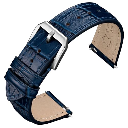 Image of ANNEFIT Watch Straps 24mm, Embossed Alligator Grain Leather Watch Band with with Silver Buckle, Quick Release Replacement Bands for Men and Women (Blue)