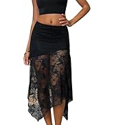 Verdusa Women's Boho Flowy Asymmetrical Sheer Lace High Waist A Line Midi Skirts with Shorts
