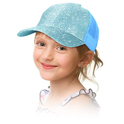 Geyoga Girls Glitter Hat Ponytail Baseball Hat For Little Girl With High Bun Messy Ponytail Hole Visor Cap (Blue,1 Piece) #TOP17