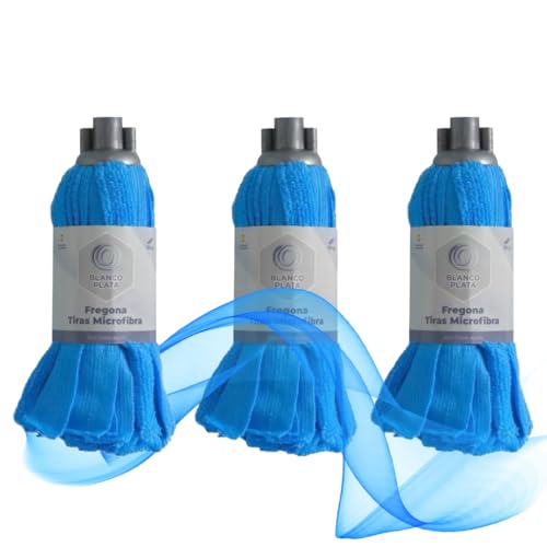 Fregona Microfibra BlancoPlata Tiras 100%|Pack 3 Unidades | Super Absorbente | Gran Poder de Secado | Resistente y Duradera | Rosca Universal | Doble acción por un Lado Limpia y por el Otro Seca