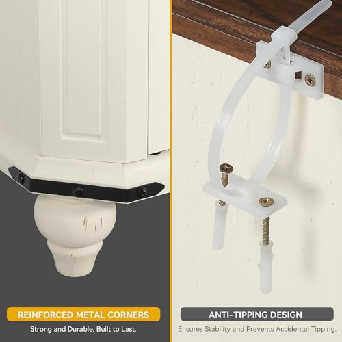 DWVO 67" Kitchen Bakers Rack Microwave Stand with Storage Cabinet, Farmhouse Pantry Buffet Cabinet, Coffee Bar w/Shutter-Doors, Kitchen Hutch w/Charging Station for Living Room, Dining Room, White