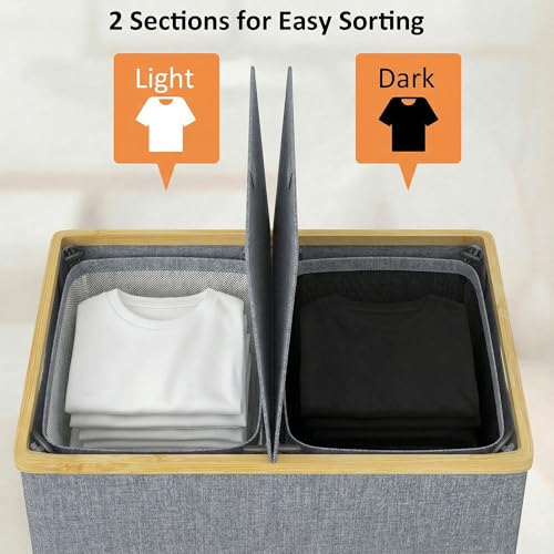 efluky Laundry Hamper with Lid, Double Laundry Basket with 2 Removable Bags, 2 Section Laundry Bin with Bamboo Handles for Bathroom, Bedroom & Laundry Room, 140L (36.9 Gallon) Blue Grey by efluky - Image 5