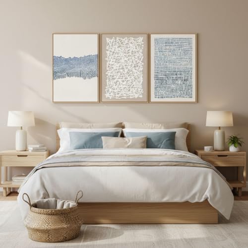 SAFERRYHOME Mid Century Neutral Blue Contrast Boho Wall Art - Modern Framed Canvas Prints Large Abstract Zen Lines Geometric Pattern Decor for Living Room, Home Office, Dining Room - 3 Pieces 24x36 Inch by SAFERRYHOME - Image 4