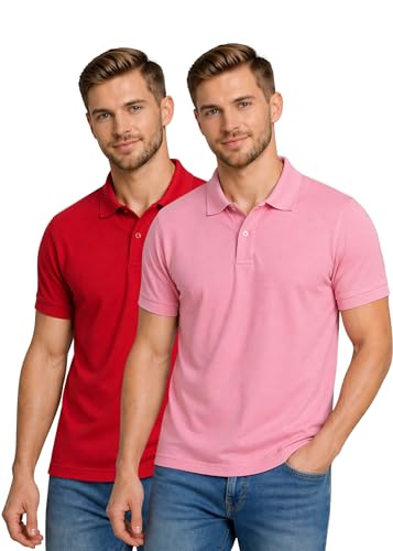 Image of INKKR Men's Combo Polo Neck Polycotton Solid T-Shirt (Pack of 2) Red-Pink