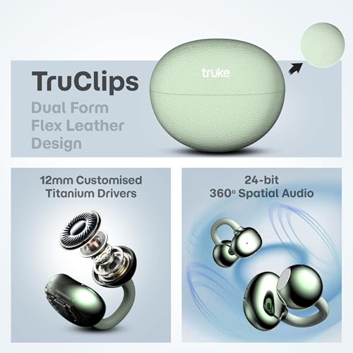 Image of truke TruClips Wireless Open Ear Buds with 55H Battery, 12mm Custom Drivers, Spatial Audio, Premium Leather Dual Form Design, Low Latency, Quad Mic ENC, Ambient Awareness, IPX5 - MintMist