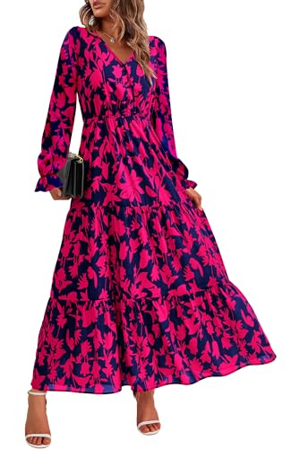 BTFBM Women Fall Dresses 2025 Casual Long Sleeve V Neck Maxi Dresses Floral Boho Long Dress Wedding Guest Dress