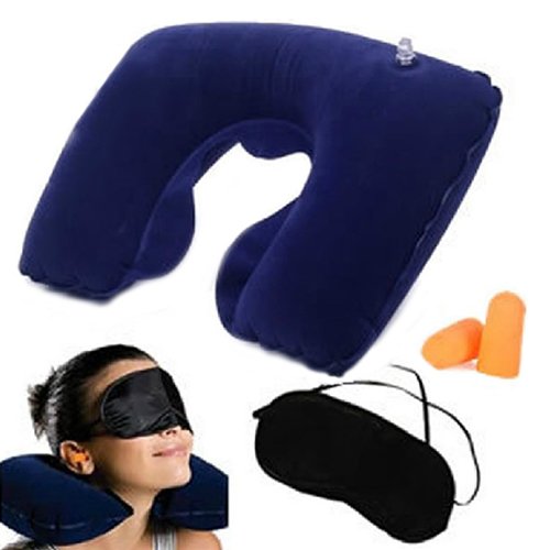 Broadfashion Inflatable Neck Travel Pillow Head Rest Cushion/Eye Mask/Earbuds for Holiday Flights & Sleeping