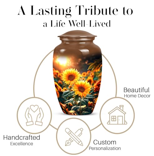 Image of Sunflower Urns for Human Ashes - Sunset Cremation Urns for Human Ashes Adult Male - Yellow Sunflower Urn for Adult Man and Women - Large Decorative Urn for Mom and Dad 10inch