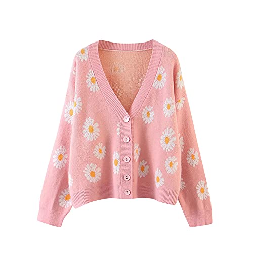 Cardigan Femme Court Fleurs de Marguerite imprimées Automne Chaud Tricot Manche Longue Pull Chic Et Elegant Pas Cher A La Mode Ample Cardigan Pull Veste