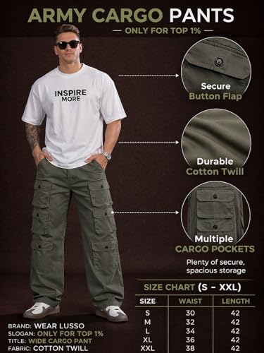 Image of Wear lusso 10 Pocket Cargo Pants for Men | Cotton Twill Fabric | Regular Fit Utility Cargo Trousers | Casual Streetwear Bottomwear