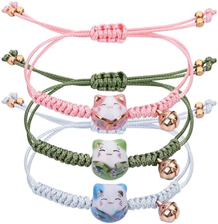 3 Bracelets Chat Porte-bonheur Réglables - Perles En Céramique Et Corde Tressée