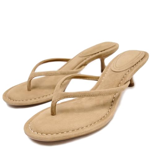 Suede Flip Flops for Women Open Round Toe Thong Heeled Sandals Low Kitten Heels Comfortable Summer Slip On Slides Shoes
