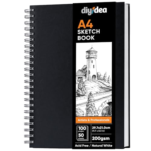 DIYIDEA Carnet de Croquis A4 200 g/m² Épais – 100 Pages, Spirale Couverture Rigide – Carnet Dessin pour Crayon, Fusain, Graphite & Pastel – Pour...