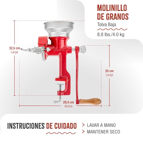 Miniatura 5 de Victoria Molino Cereales Manual, Molinillo De Mano En Hierro Fundido Para Moler Café, Maíz, Avena, Semillas, Grosor De Molienda Ajustable, Grain Grinder Tolva Baja, Abrazadera Para Mesa, Rojo