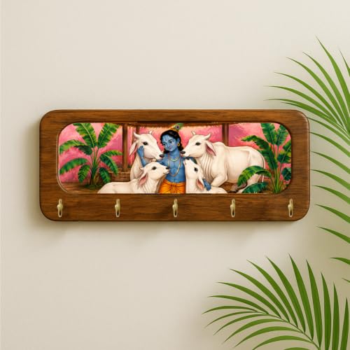 Image of Stylish Wooden Key Holder for Wall | Cute Key Holder for Home Decor | Key Holder Stand with 5 Hooks | Wall Mounted Key Hanger| (Krishna Ji Cow)
