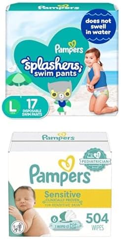 Pampers Splashers Swim Diapers - Size L, 17 Count, Gap-Free Disposable Baby Swim Pants + Pampers Sensitive Baby Wipes, Water Based, Hypoallergenic and Unscented, 6 Flip-Top Packs (504 Wipes Total)